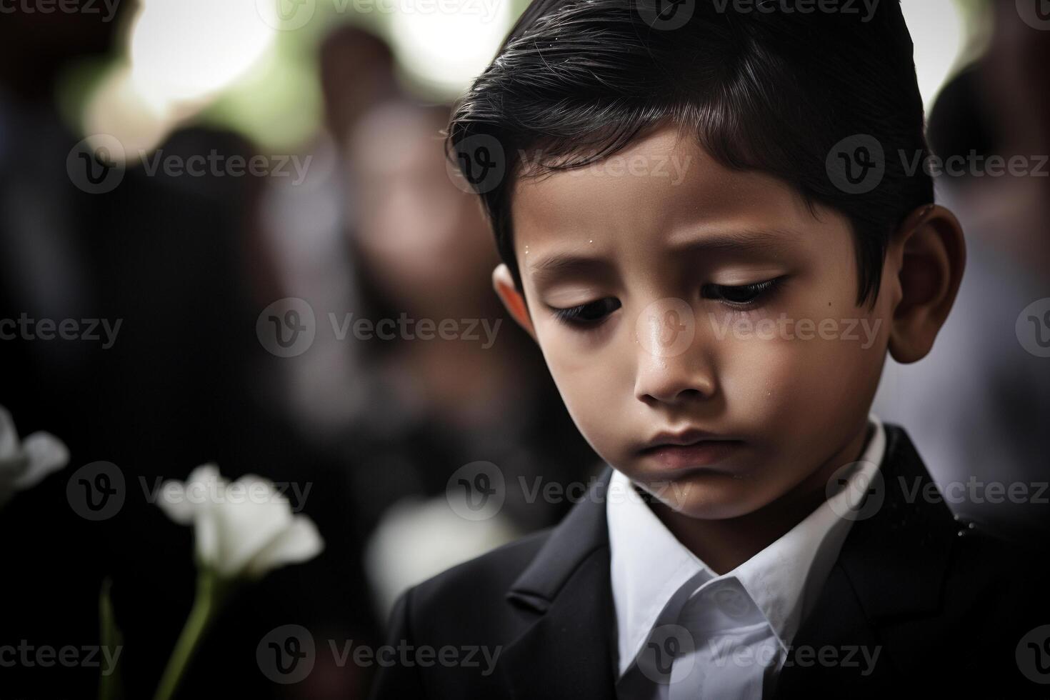 Portrait of little asian boy with sad expression.Funeral concept AI generated photo