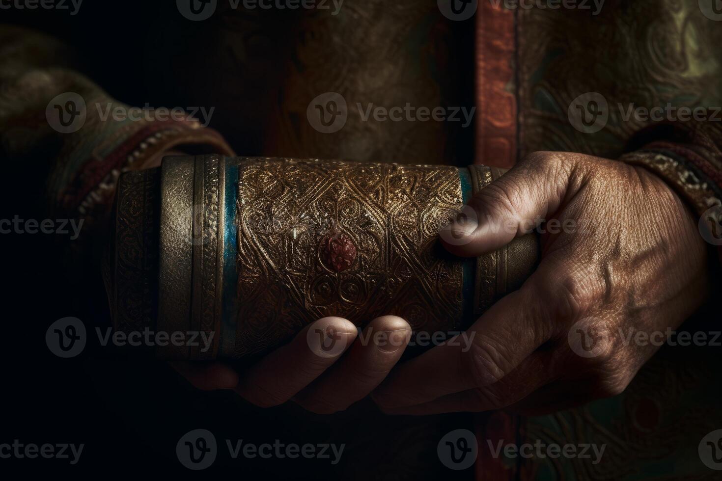 A close-up shot of a pair of hands holding a Torah scroll with a rich, textured background, evoking a sense of reverence and tradition.Generative AI photo