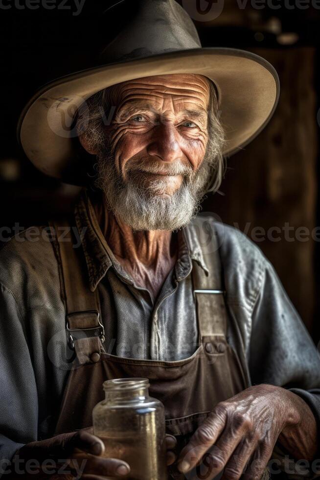 A portrait of a seasoned moonshiner, wearing a weathered hat and holding a jug of moonshine, representing the expertise and tradition passed down through generations. Generative Ai photo