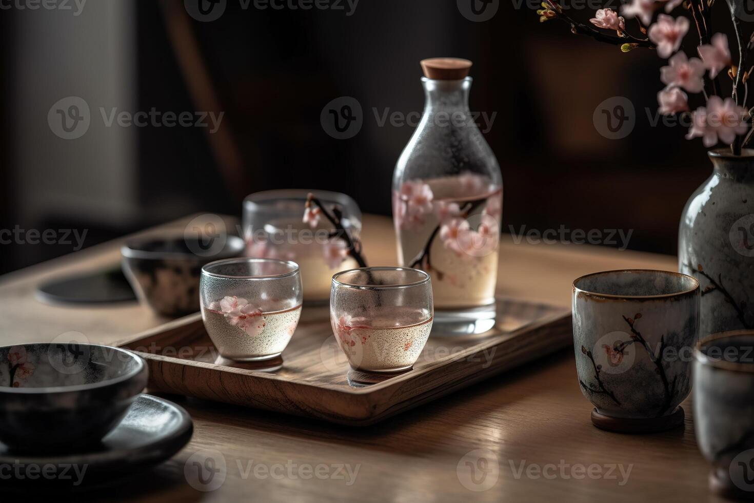A captivating, Japanese-inspired sake presentation, with a traditional sake set, including a ceramic flask and small cups, surrounded by cherry blossoms and minimalist decor. Generative AI photo
