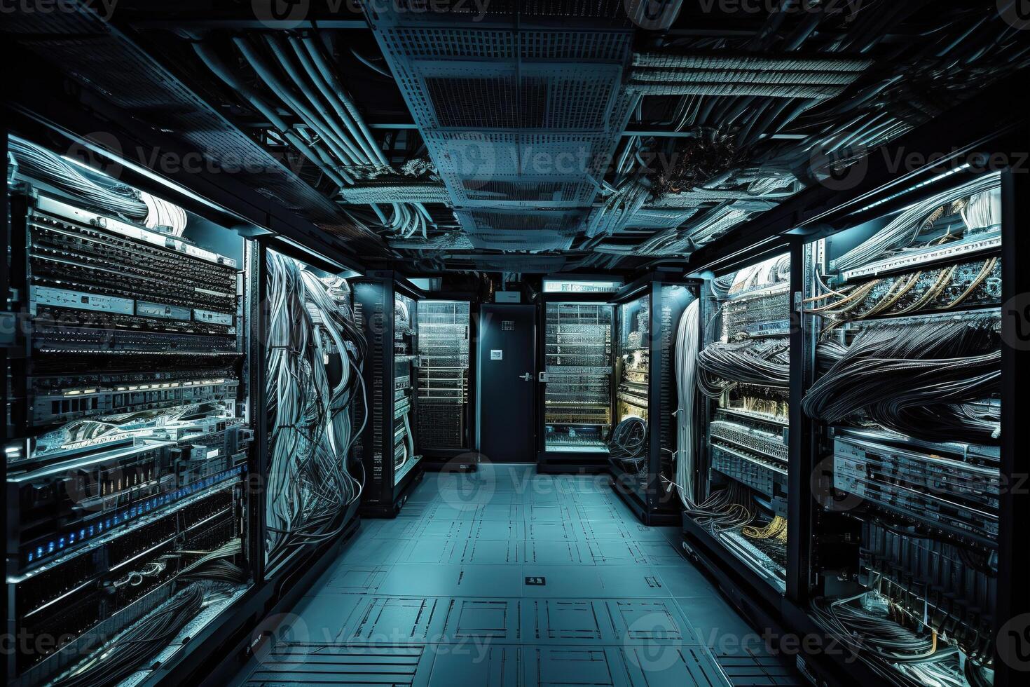 Installation of an IT infrastructure, server room data center, capturing the intricate process, teamwork, and skill required set against an ever-evolving technological backdrop. Generative AI photo