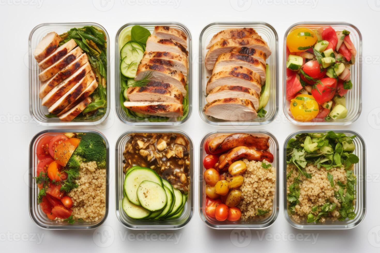 An image showcasing a series of colorful and nutritious meal preps, including salads, grilled chicken, quinoa, and vegetables, presented on a clean white background. Generative AI photo