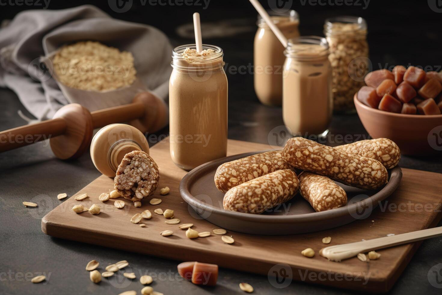 Peanut butter-inspired snack scene. Peanut butter and banana slices, peanut butter-filled celery sticks, set in an active, fitness-oriented environment. Generative AI. photo