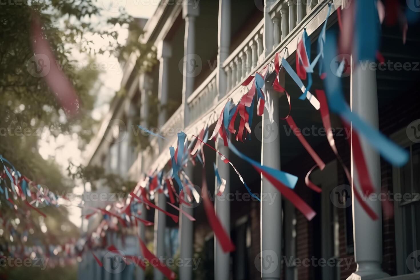Red, white and blue banners hang from porches, waving in the breeze like colorful flags. Star shaped confetti and streamers line the streets, sprinkled from trees and rooftops. Generative AI photo