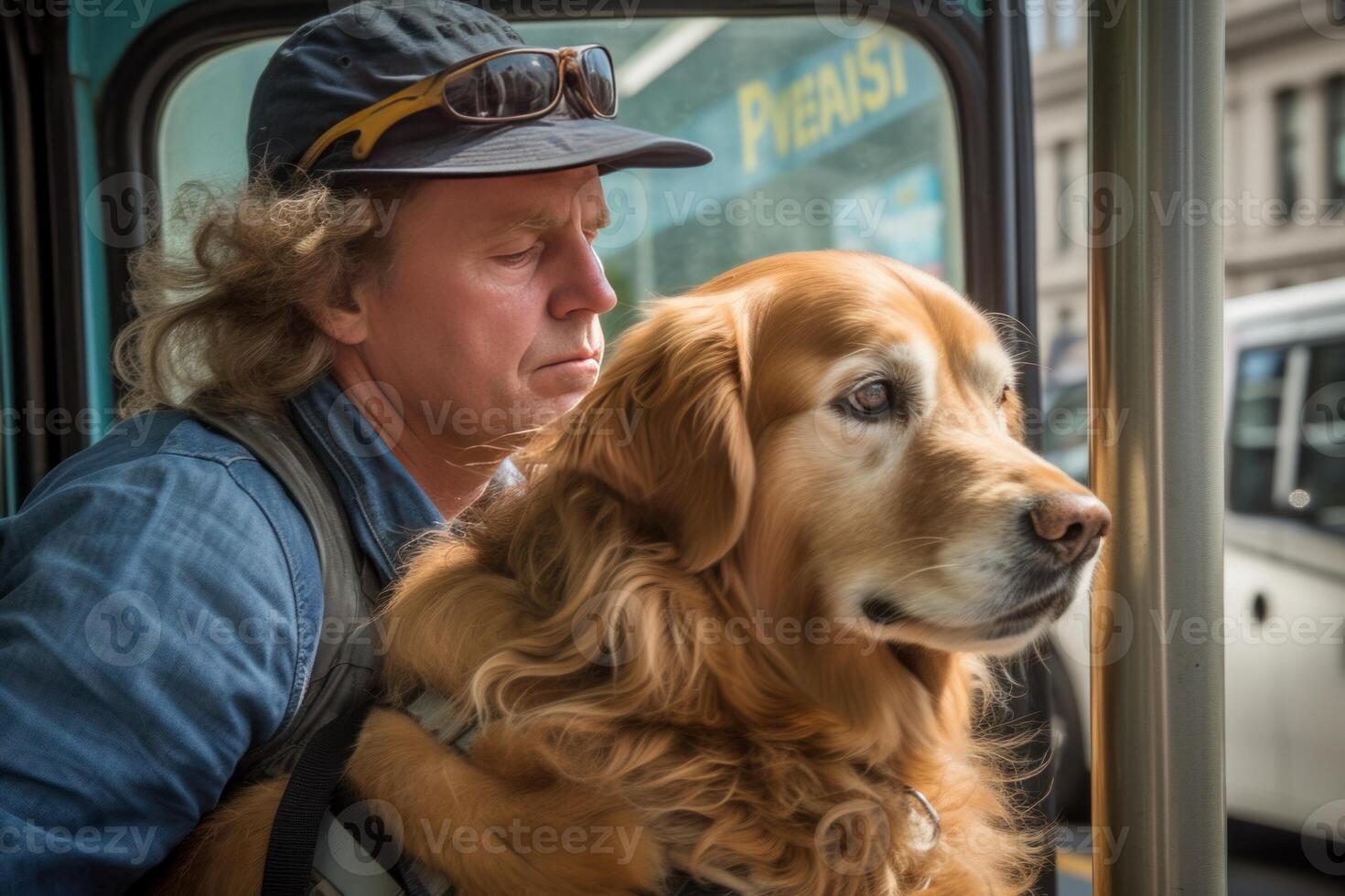 Rideshare. Owner and their pet taking public transportation. Great moment, Happy and funny.Generative AI. Generative AI. photo