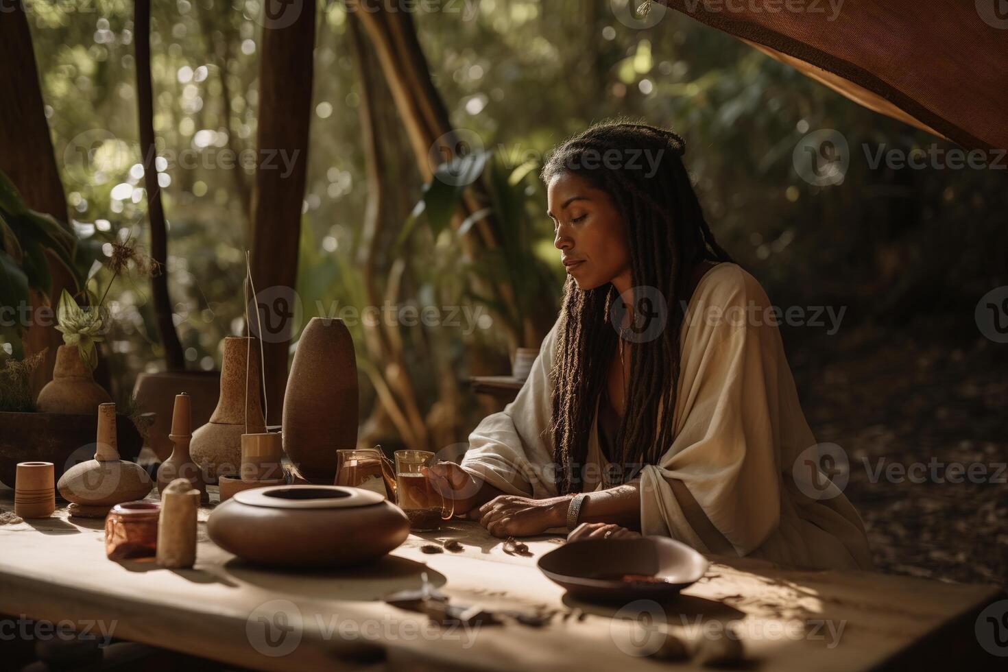 A wellness retreat nestled in nature, ceremonies and journeys with decoctions and elixirs containing powerful visionary plants like San Pedro, Iboga and Datura. Generative AI photo
