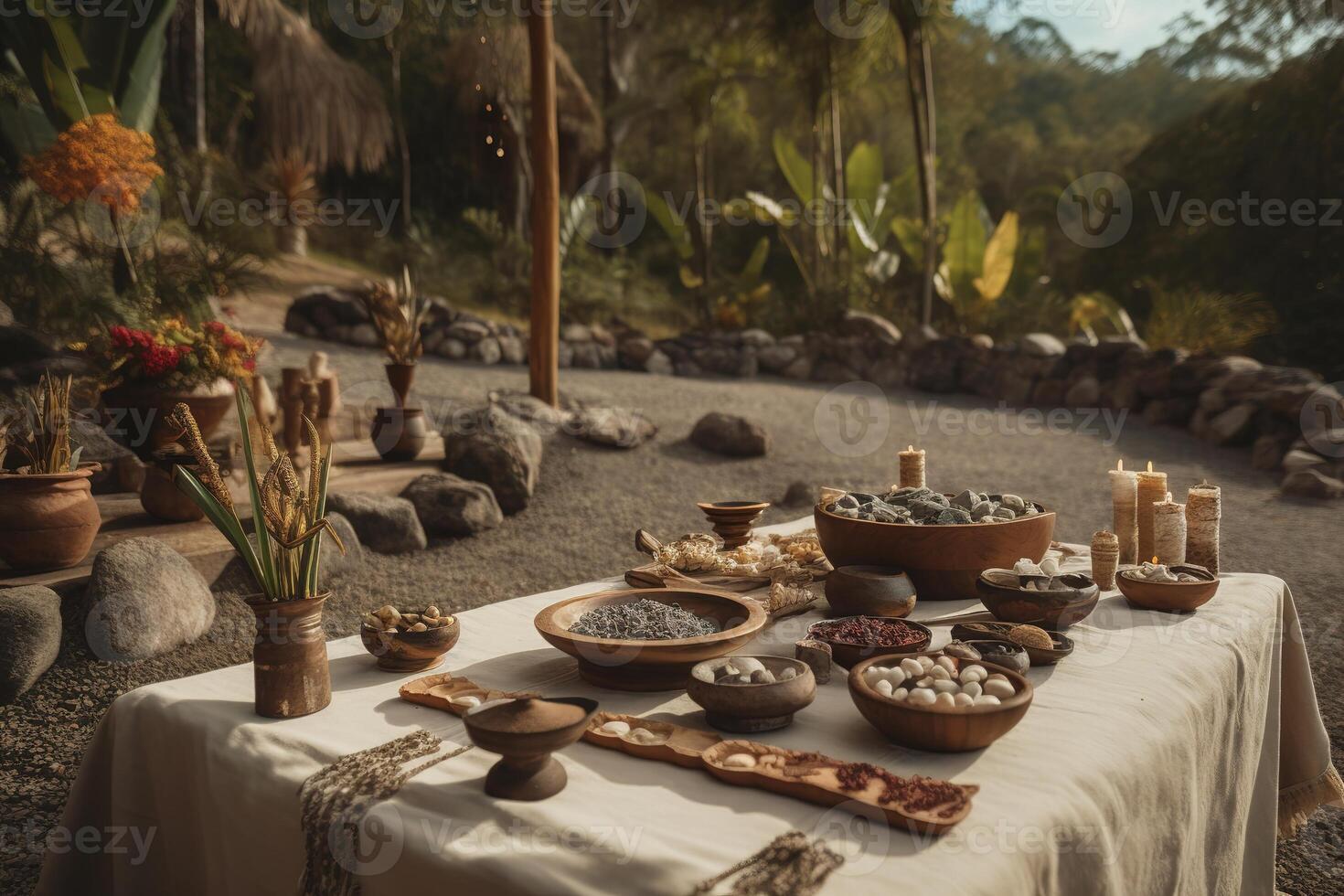 A wellness retreat nestled in nature, ceremonies and journeys with decoctions and elixirs containing powerful visionary plants like San Pedro, Iboga and Datura. Generative AI photo