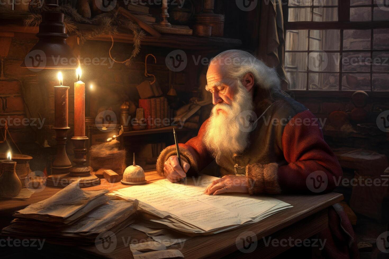 Jolly St. Nick reviewing his disobedient and Nice list by the firelight of the North Pole workshop, red and white quill pen in hand, dusty copies of child-written letters strewn about. Generative AI photo