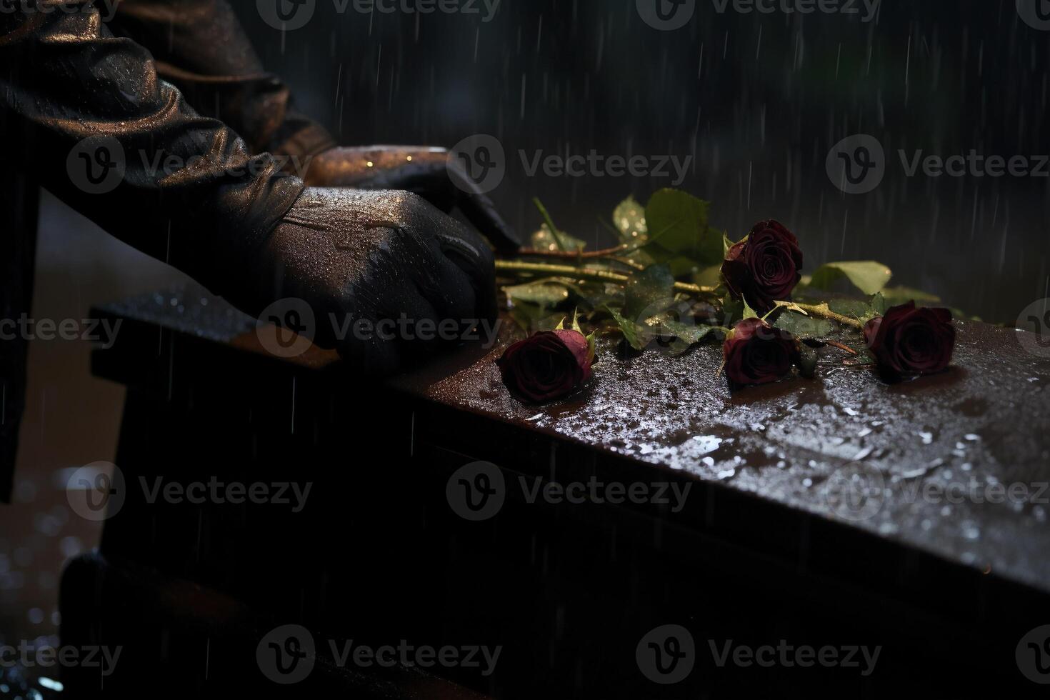 closeup of a funeral casket at a cemetery with flowers in the rain,hand on the grave in the rain with dark background and rose AI generated photo