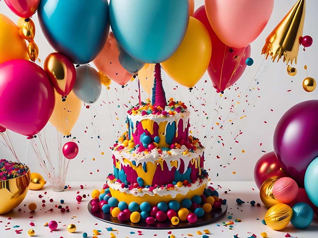 Birthday celebration with colorful balloons, a cake, and a glittering confetti-covered background ai generate photo