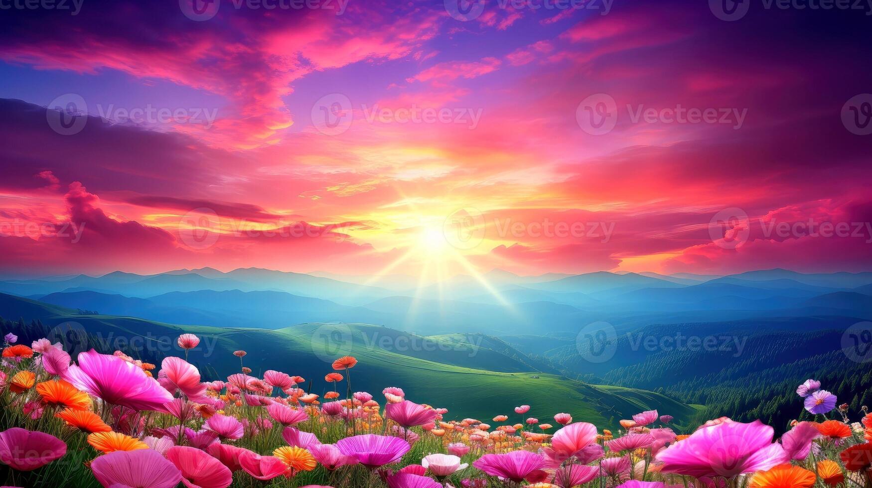 Colorful natural spring landscape with with flowers,selective focus, Generative AI illustration photo