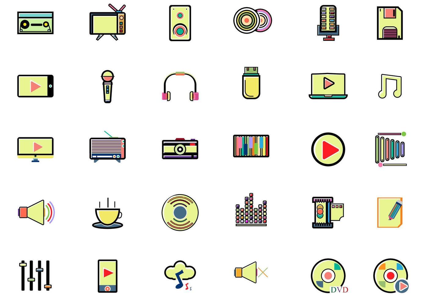 Music and Entertain icons set.Set of 30 icons for sound  such as cup of Coffee,Tv, equalizer,CD,DVD,computer,music note, loudspeaker.Vector voice and melody concept. vector
