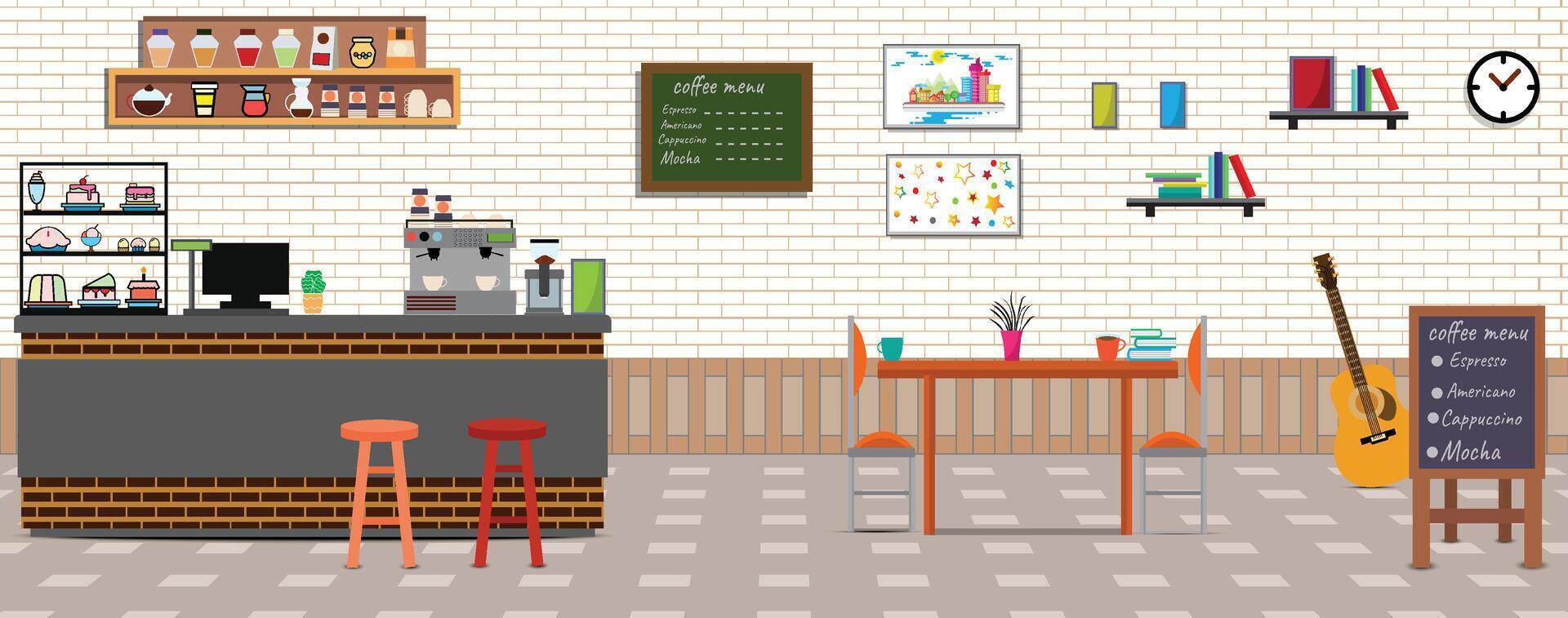 Coffee shop.Empty Cafe bar counter for serving coffee with cash box and menu board.sweet desserts,wooden counter, stools,sofas,Vector Coffee Shop and Cafe concept. vector