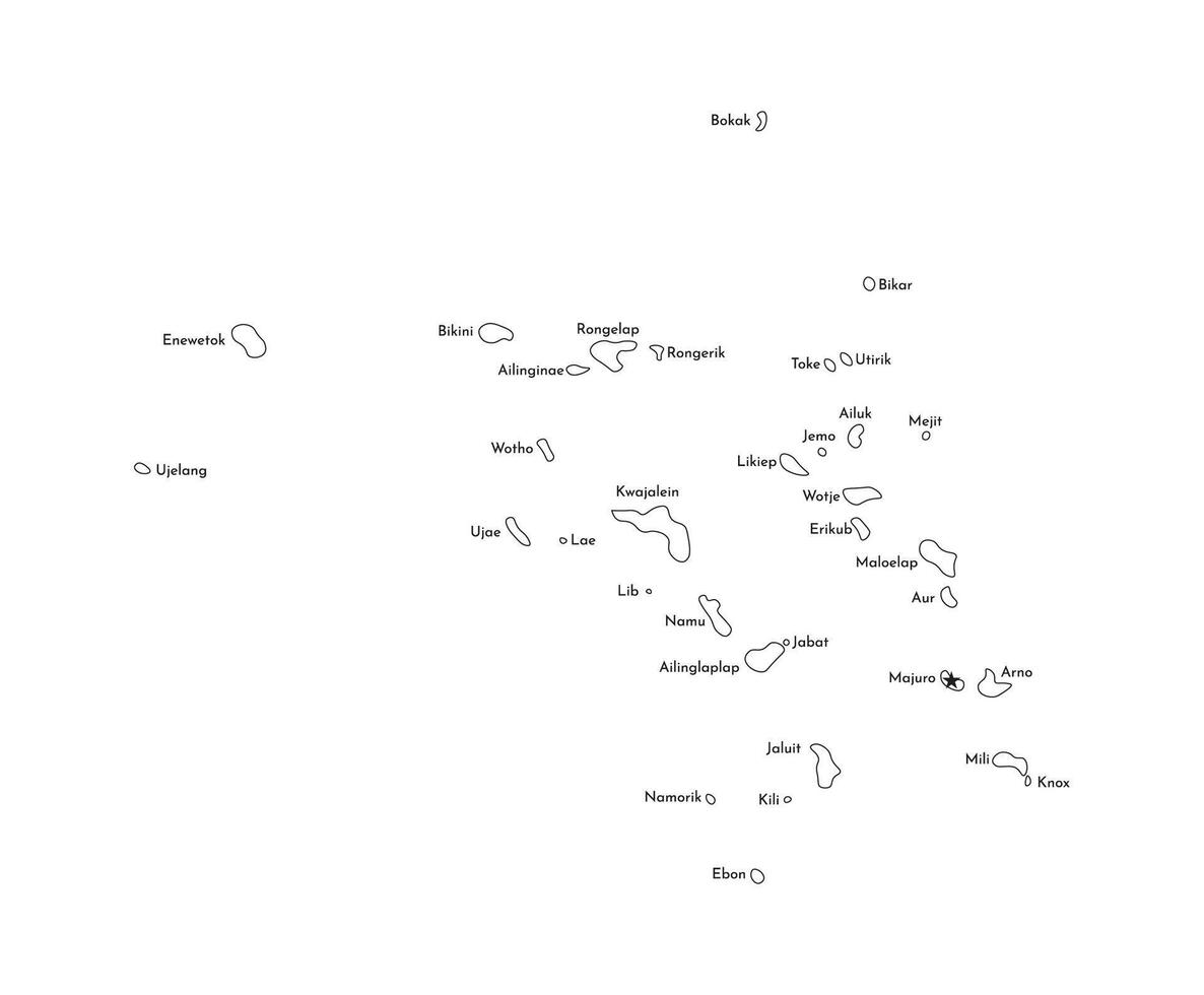 isolated illustration of simplified map of Marshall Islands with names of the islands and atolls. Black line silhouettes vector
