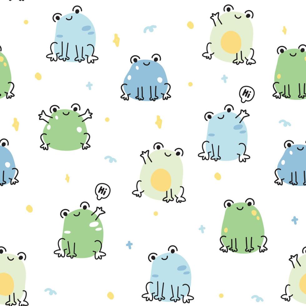 Seamless pattern of cute frog in line hand drawn style.Reptile animal character cartooon design.Greeting.Kid clothing screen.Image for card,poster,baby clothing.Kawaii.Vector.Illustration. vector