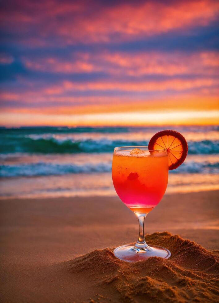 AI generated Cocktail on the beach at sunset. Colorful summer background. ai generative photo