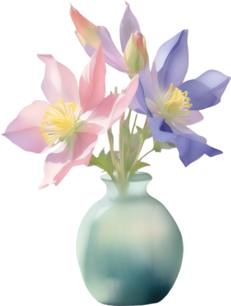 AI generated A vase of Columbine flowers, a watercolor painting of a vase of Columbine flowers. png