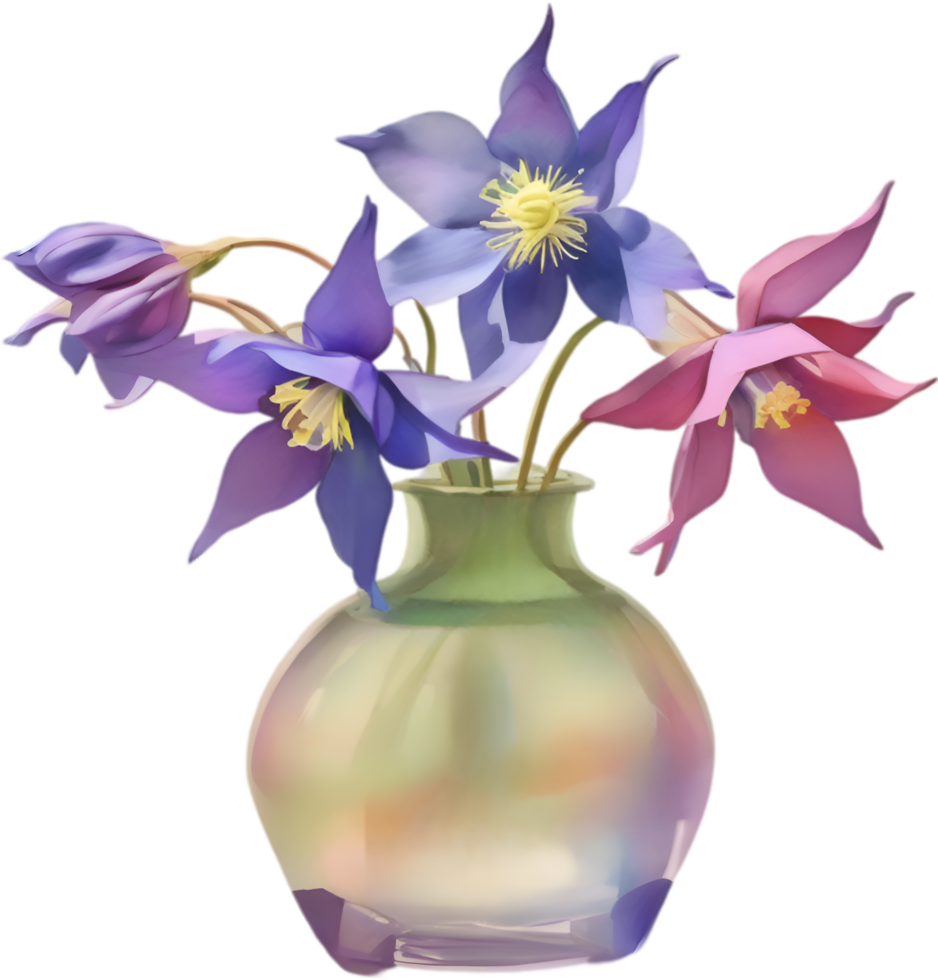 AI generated A vase of Columbine flowers, a watercolor painting of a vase of Columbine flowers. png