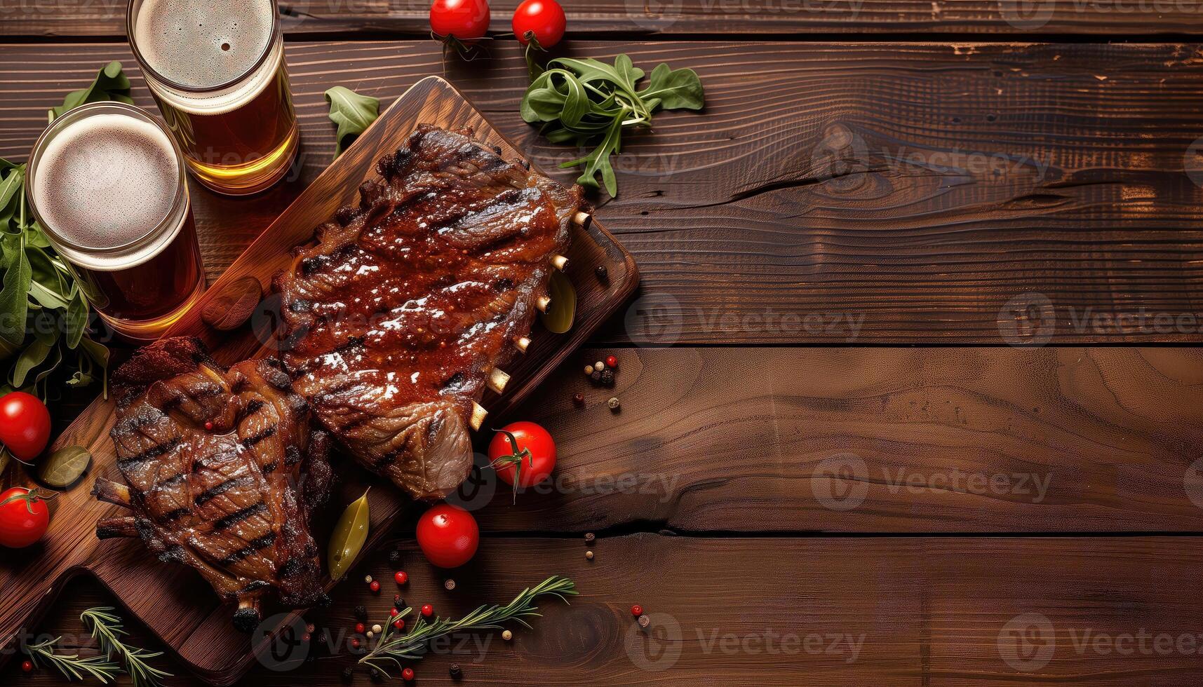 AI generated Wooden table served withgrilled meat, vegetables and beer. steak and lamb ribs on wooden cutting boards Top view, banner. photo
