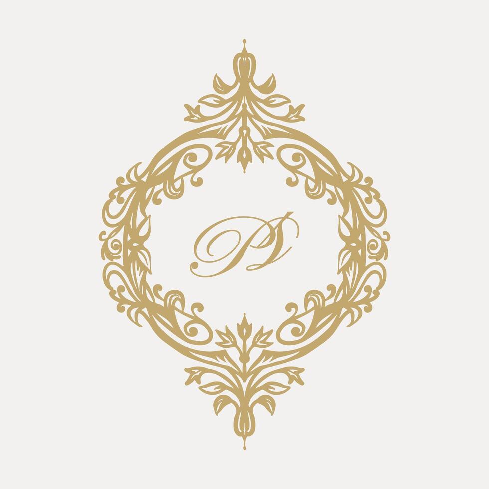 Wedding monogram design with PS inital. Monogram crest with intricate motif designs vector