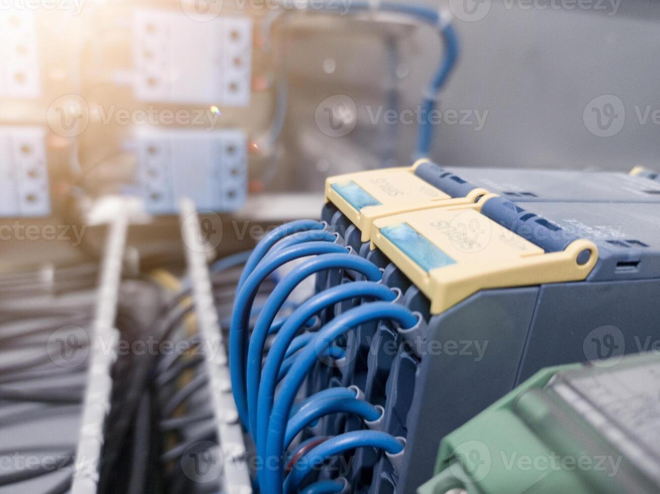 Terminal connection relay control, automatic relay control on the panel board manchinery, electrical service concept, electrical background. photo