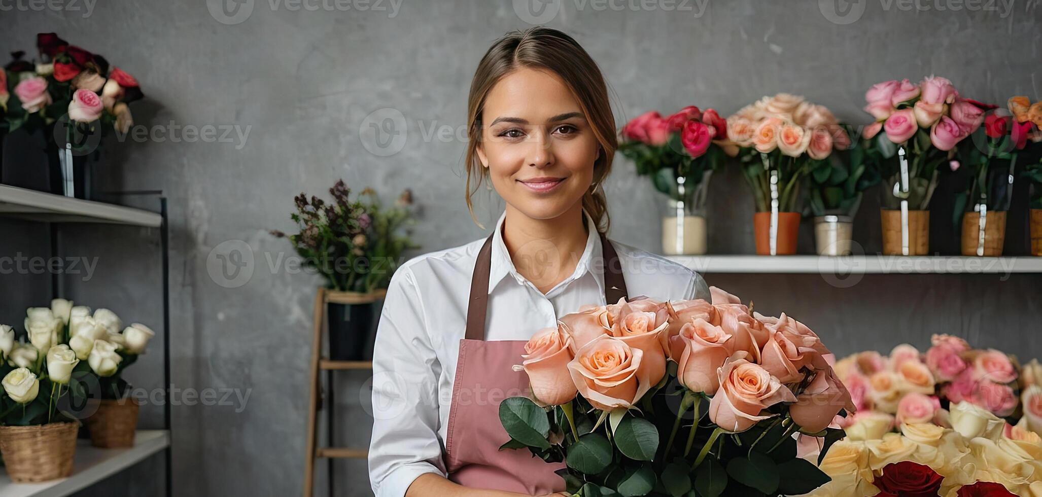 AI generated Woman florist collects a bouquet of roses- fresh cut flowers in boxes and vases in flower shop and racks for sale, delivery for the holiday. Spring, March 8, women's Day, birthday photo