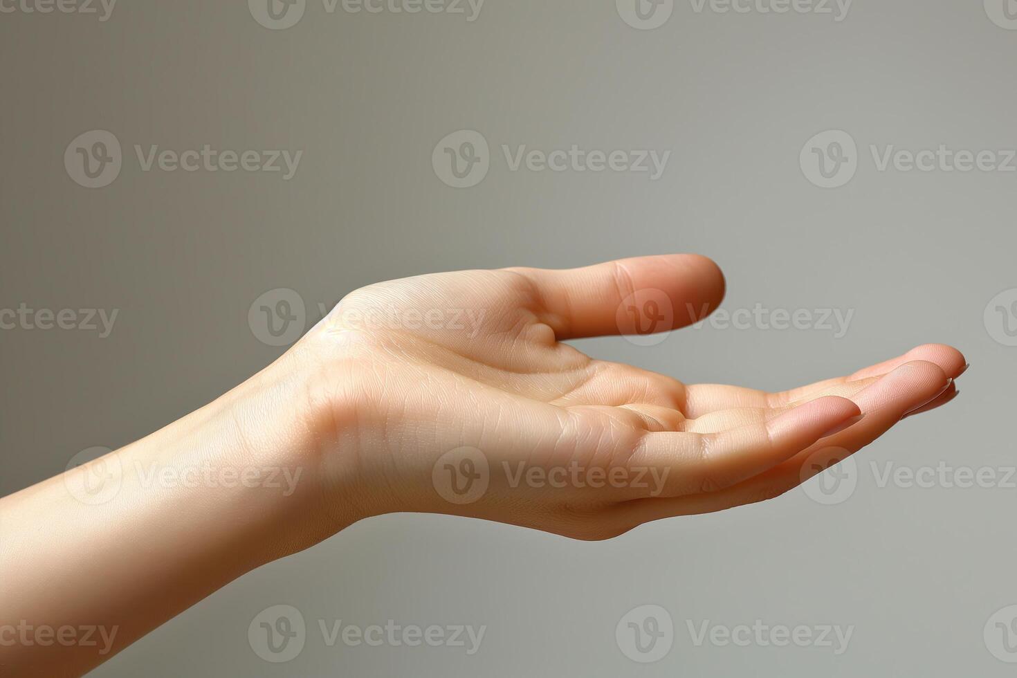 AI generated Female hand on gray background. Close up of female hand gesturing photo