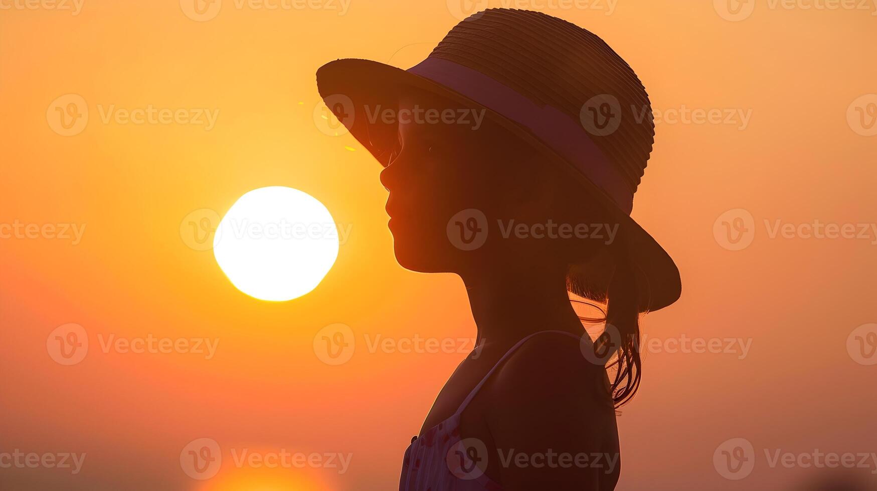 AI generated Girl in Hat Looking at Sunset, To convey a sense of peaceful evening tranquility and youthful adventure photo