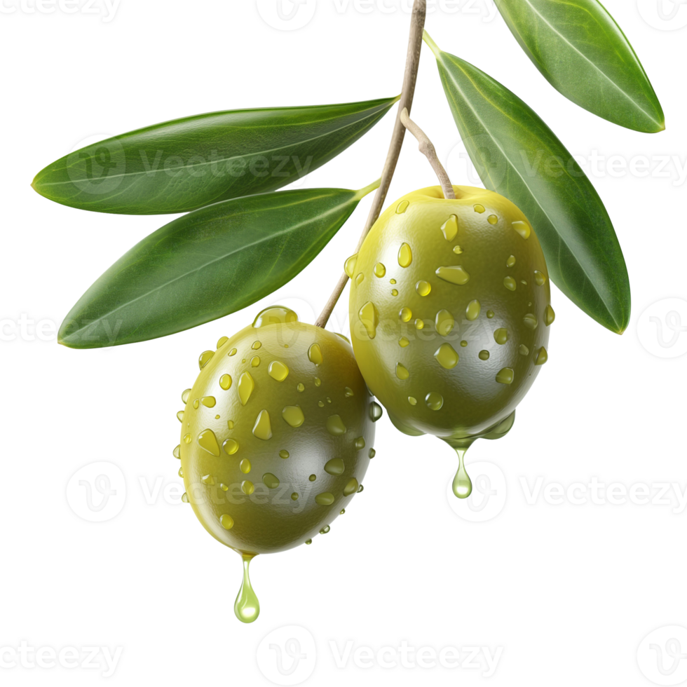 AI generated Olives with leaves on branch isolated, healthy and organic food, AI generated, PNG transparent