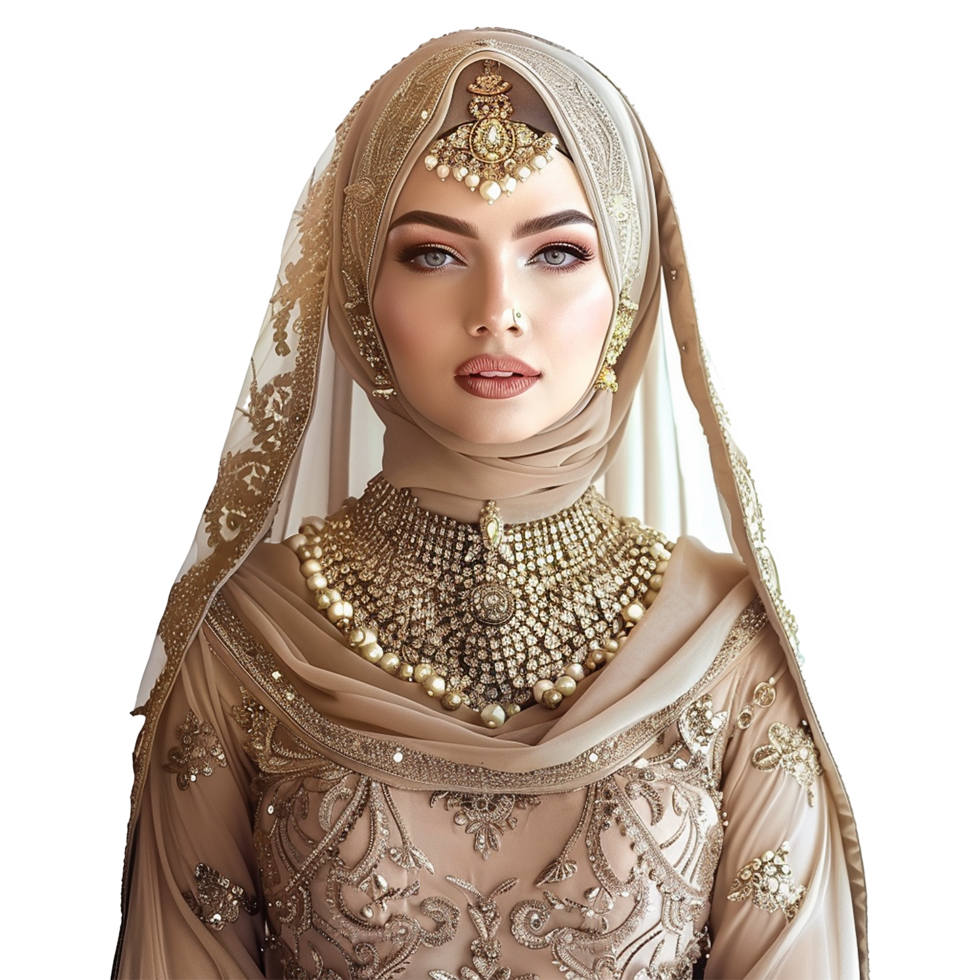 AI generated So pretty muslim model wearing finest dress and jewelry isolated on transparent background png