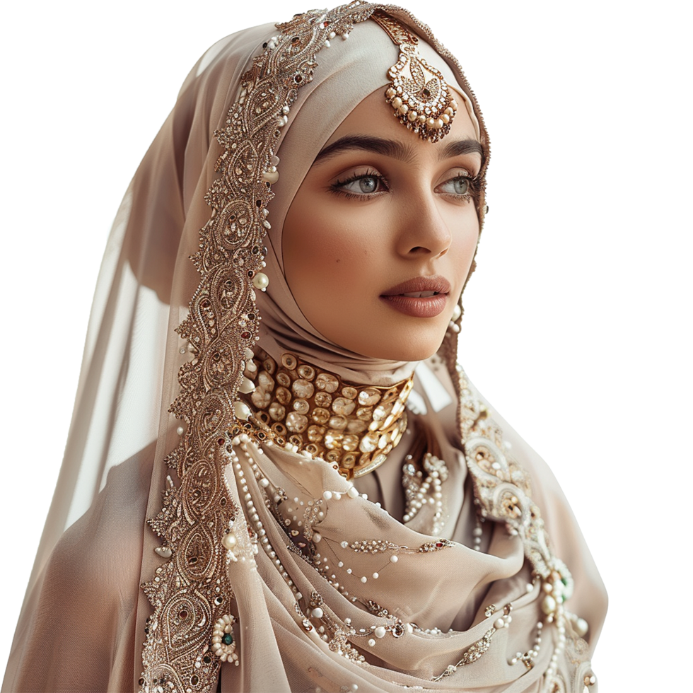 AI generated So pretty muslim model wearing finest dress and jewelry isolated on transparent background png