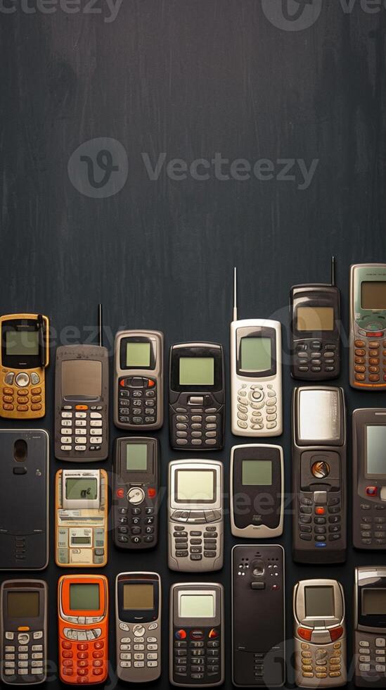 AI generated Tech nostalgia Old and obsoleted cellphones arranged on black backdrop Vertical Mobile Wallpaper photo