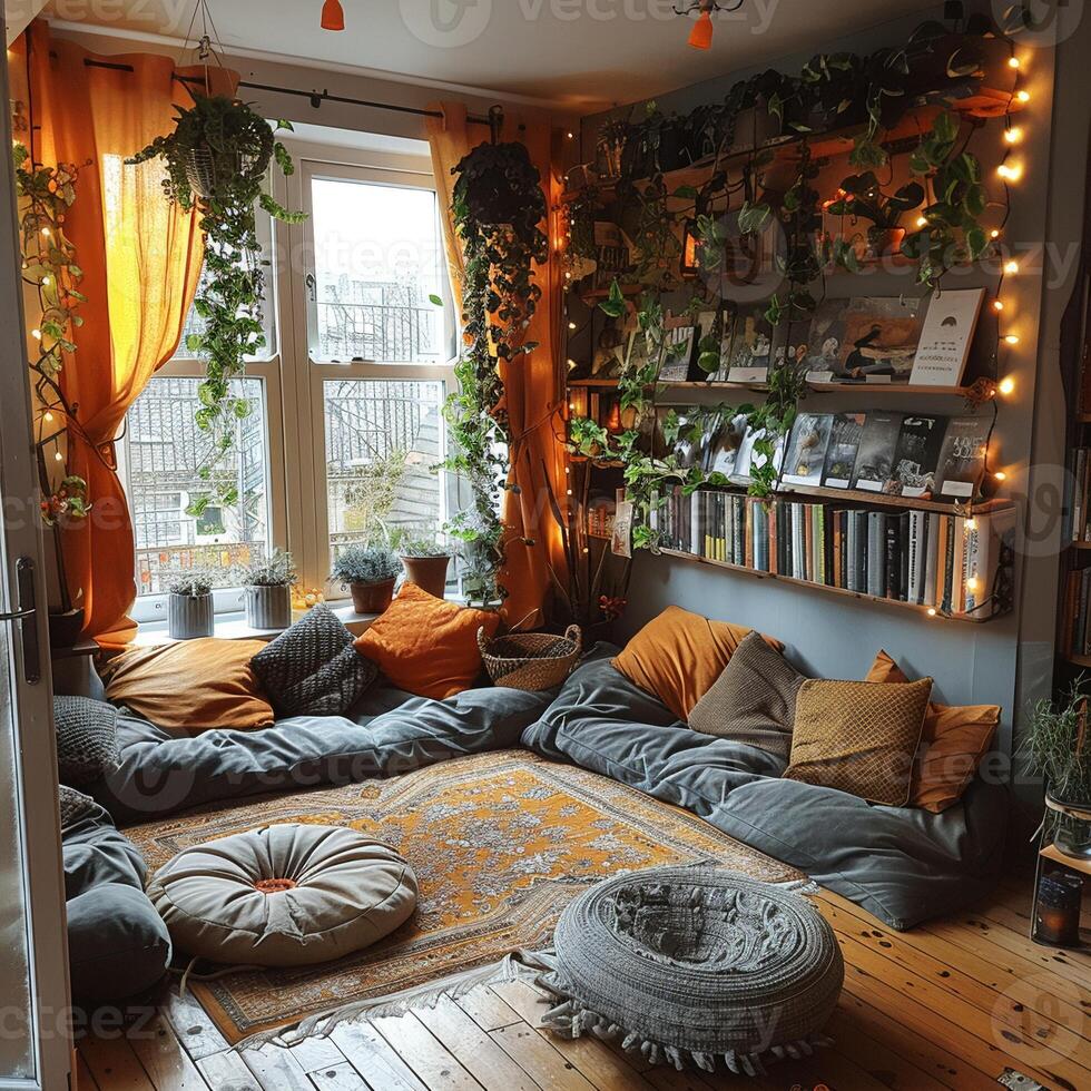AI Generated Bohemian reading nook with floor cushions tapestries photo