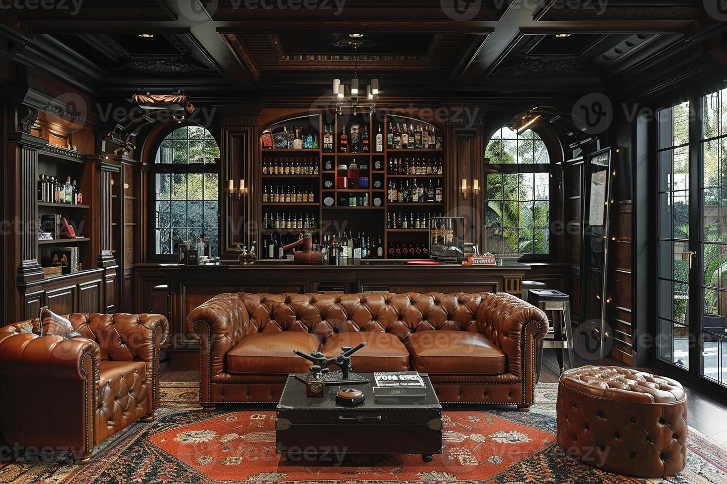AI Generated Masculine den with leather furniture dark wood photo