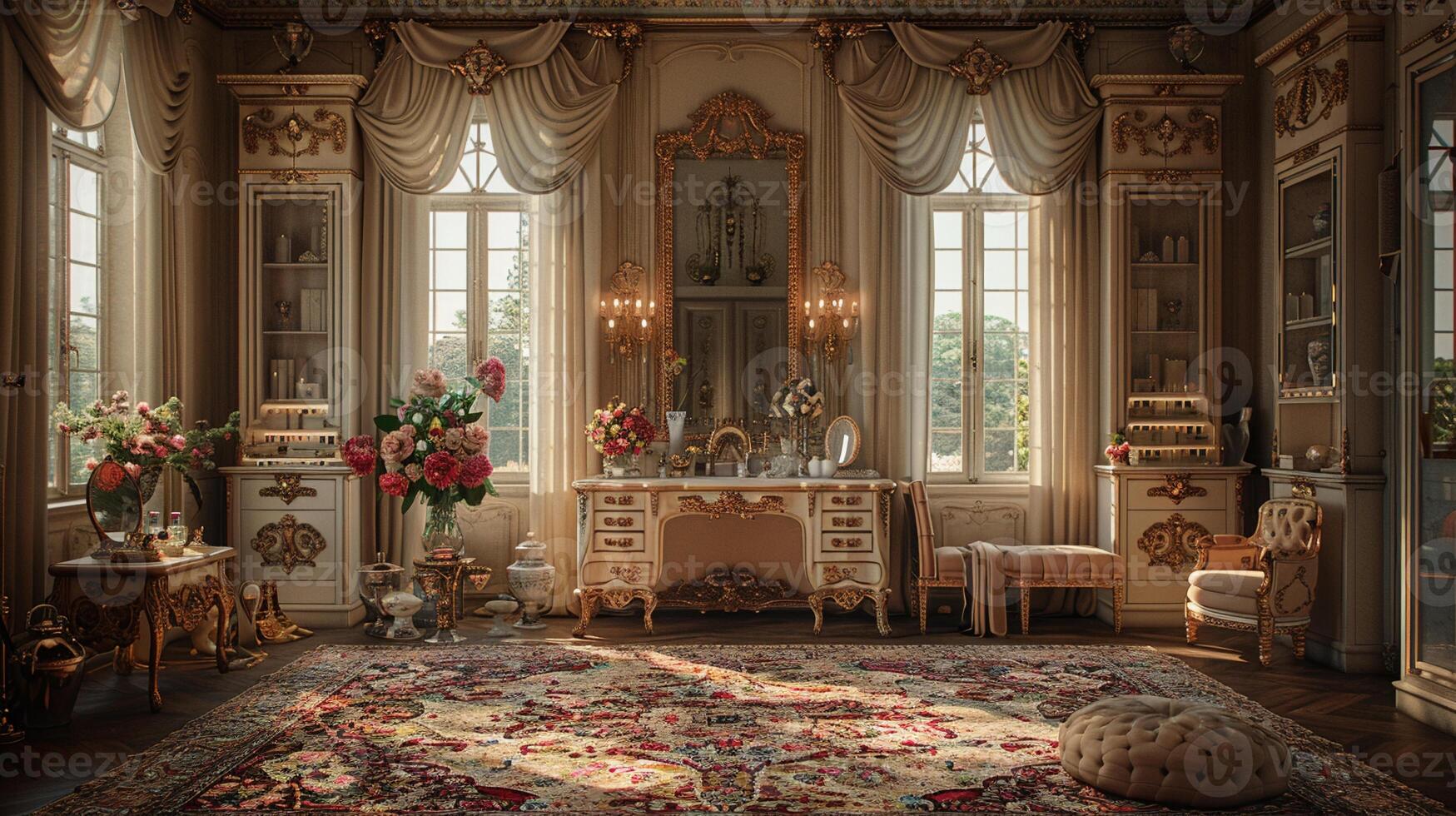 AI Generated Glamorous dressing room with a vintage vanity and soft photo