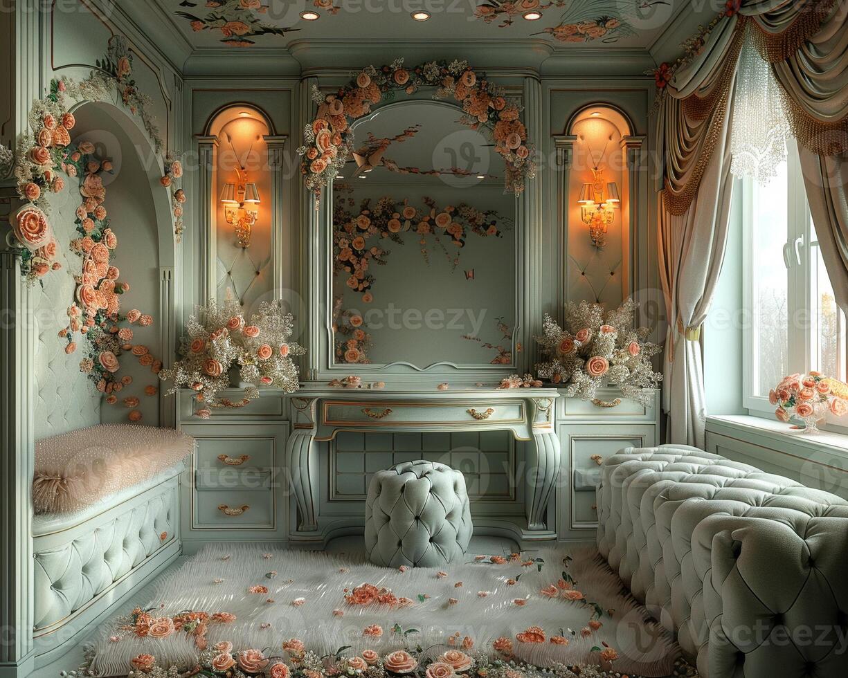 AI Generated Glamorous dressing room with a vintage vanity and soft photo