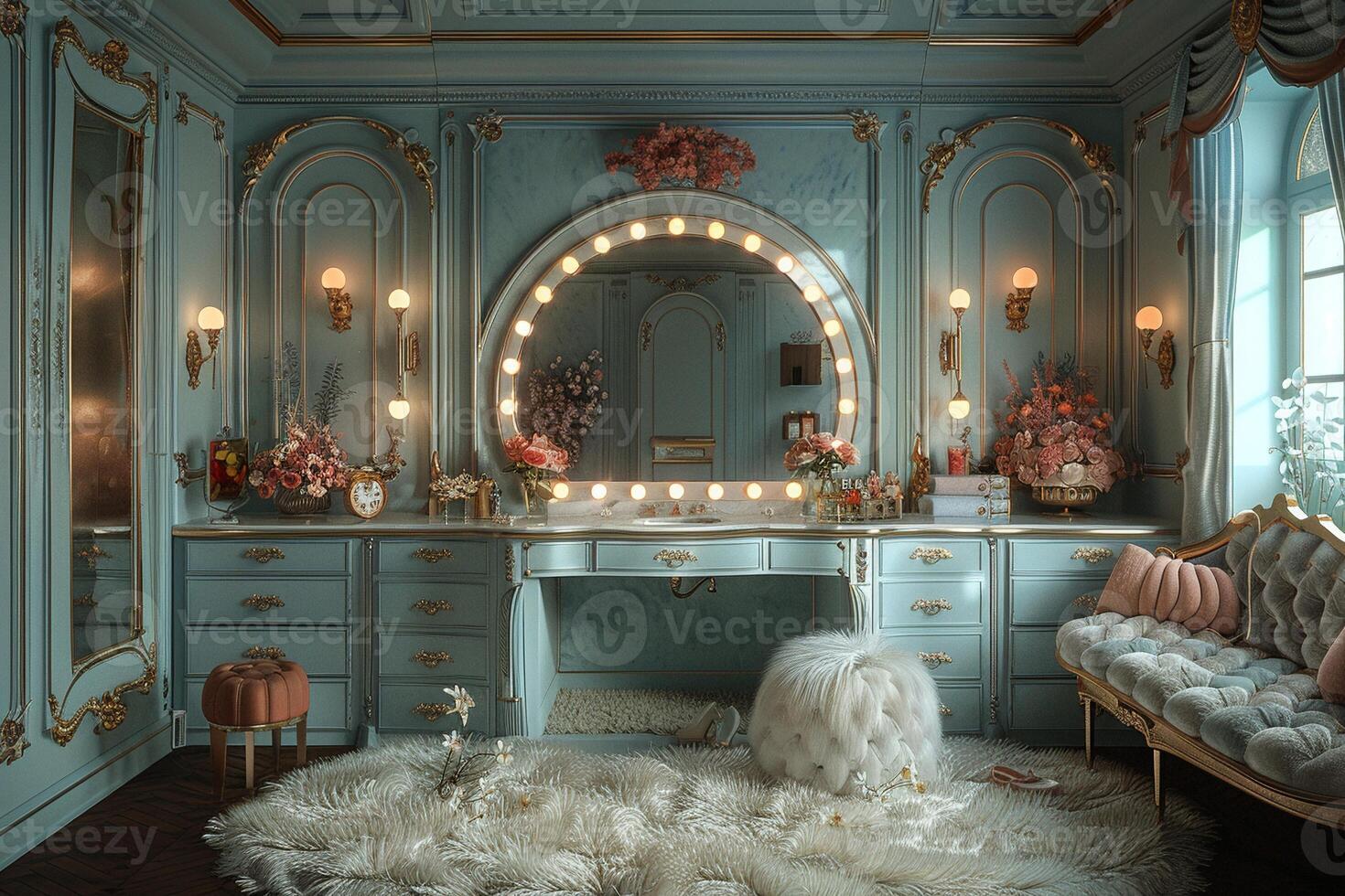 AI Generated Glamorous dressing room with a vintage vanity and soft photo