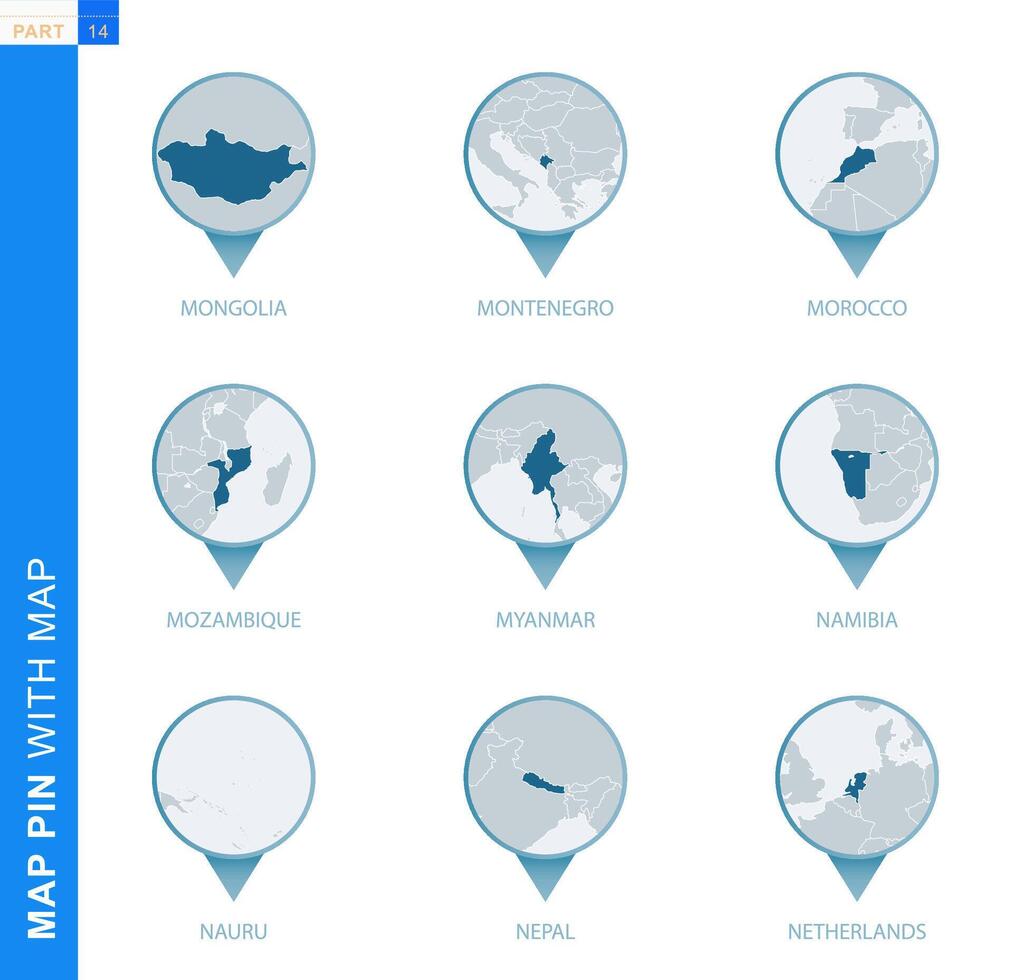 Collection of map pin with detailed map and neighboring countries vector