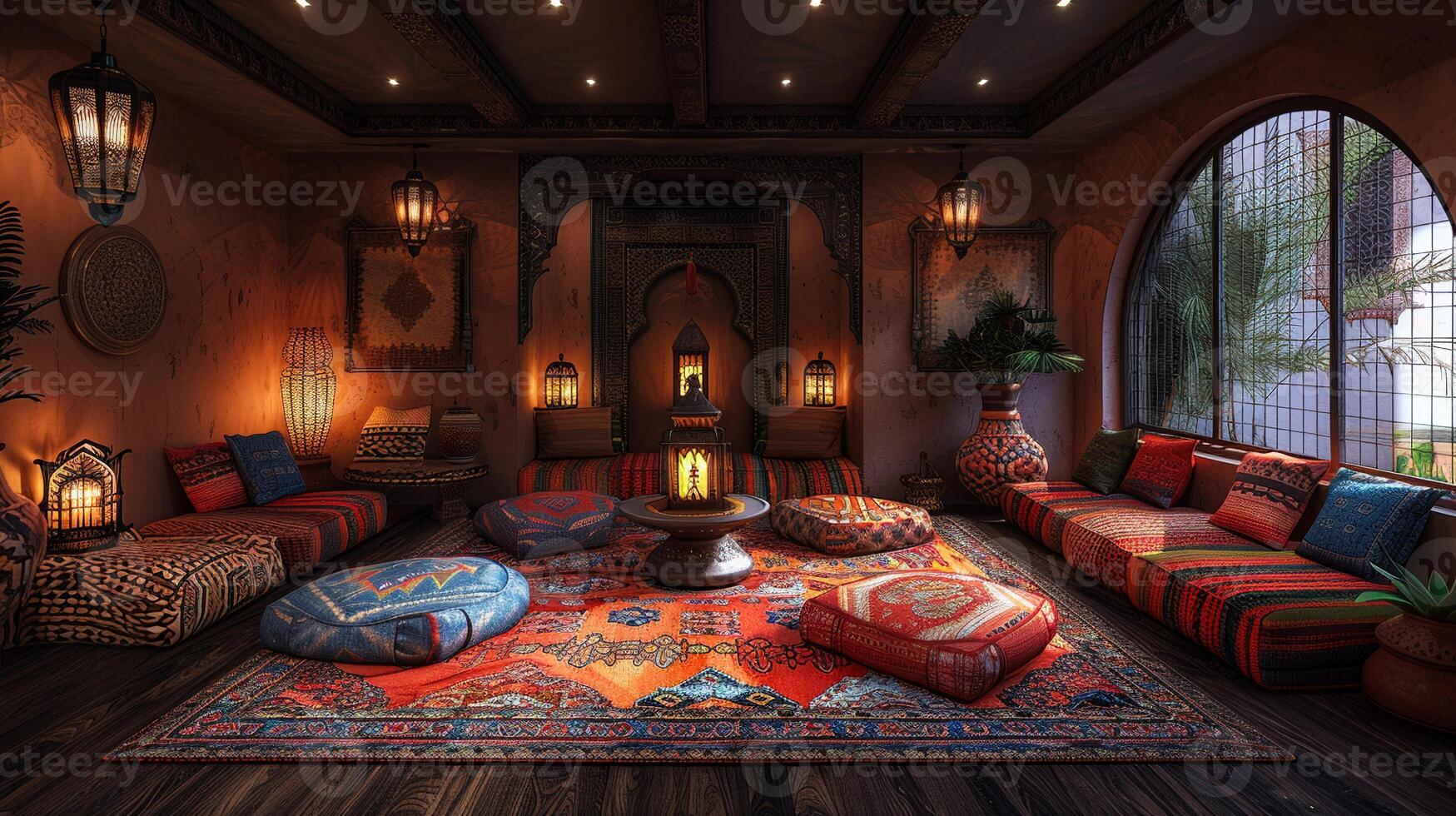 AI Generated Moroccan-style lounge with rich colors lanterns photo