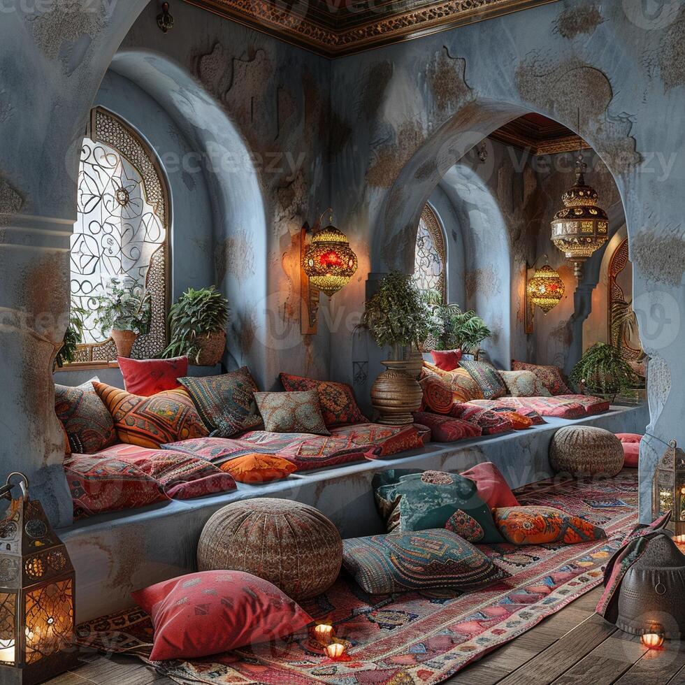 AI Generated Moroccan-style lounge with rich colors lanterns photo