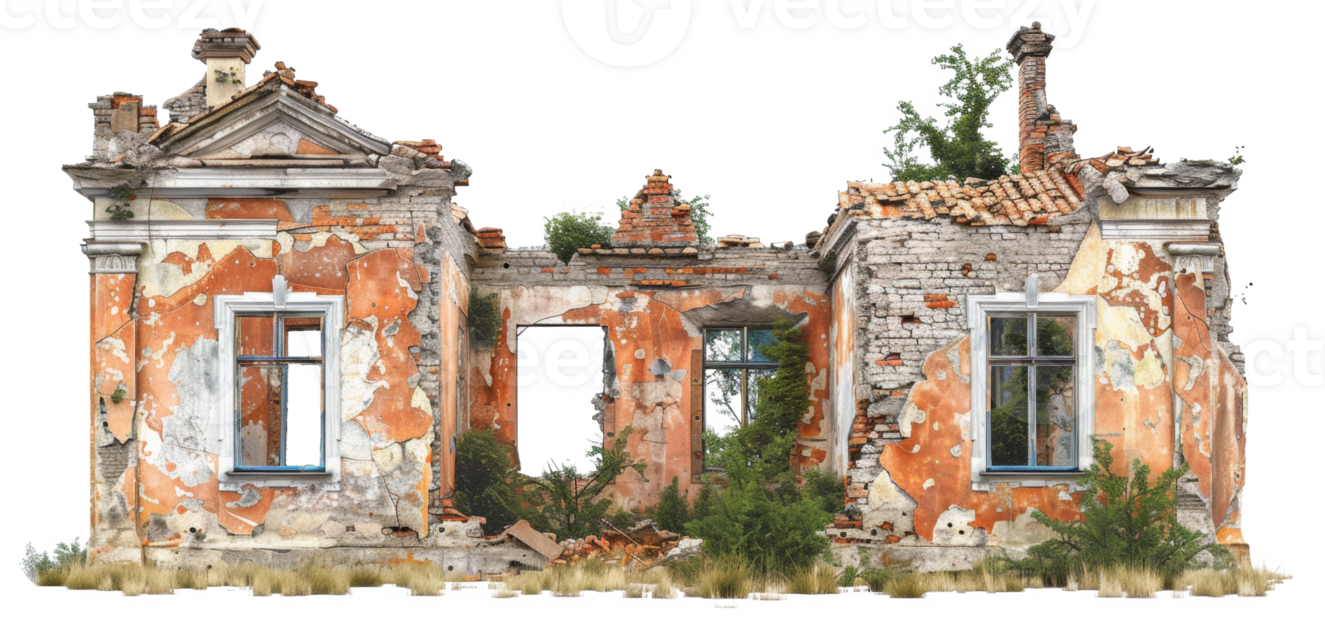 AI generated Desolate ruins of a once-standing dilapidated building on transparent background - stock png. png