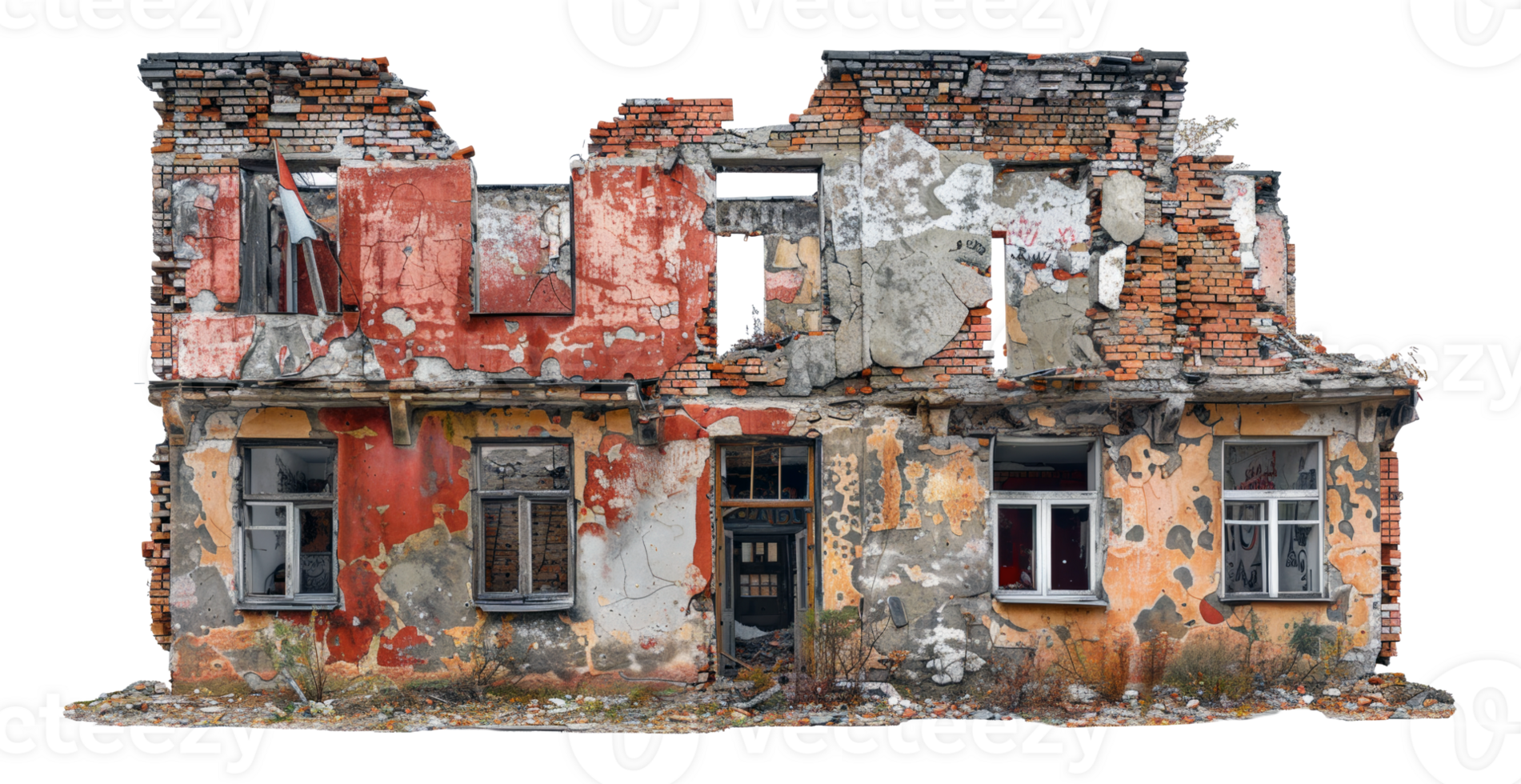 AI generated Desolate ruins of a once-standing dilapidated building on transparent background - stock png. png