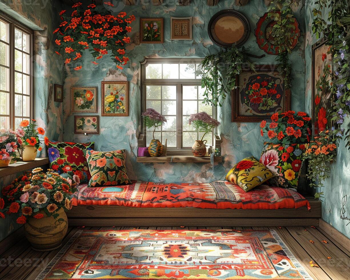 AI Generated Traditional Russian dacha with folk art and a samovar3D render. photo