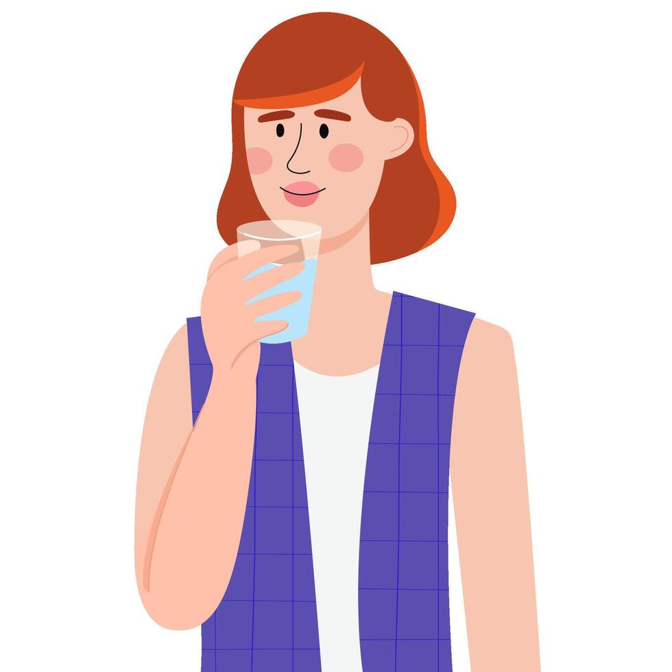 Woman drinking water from a glass,holding it in her hands.Time to hydrate. Healthy lifestyle. vector