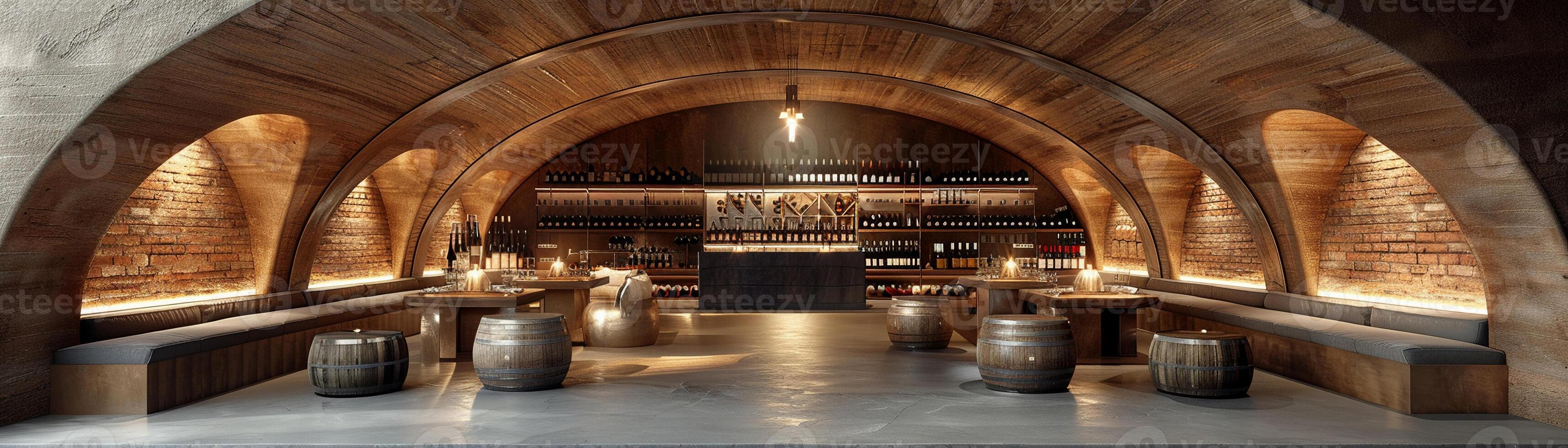 AI Generated Underground wine cellar with vaulted ceilings and tasting tables3D render. photo