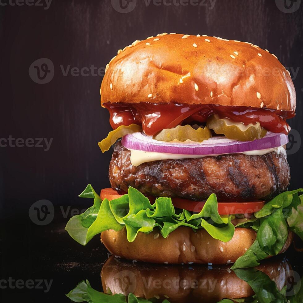 AI generated Detailed shot of delicious handmade burger against dark backdrop For Social Media Post Size photo