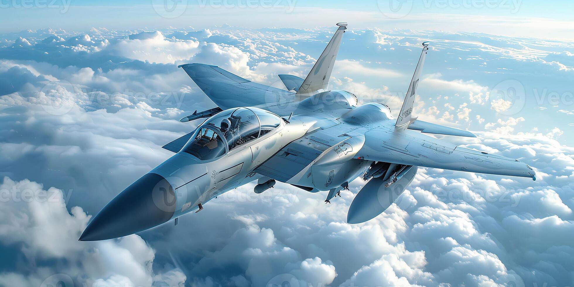 AI Generated Military jet fighter plane flying above cloudy sky photo