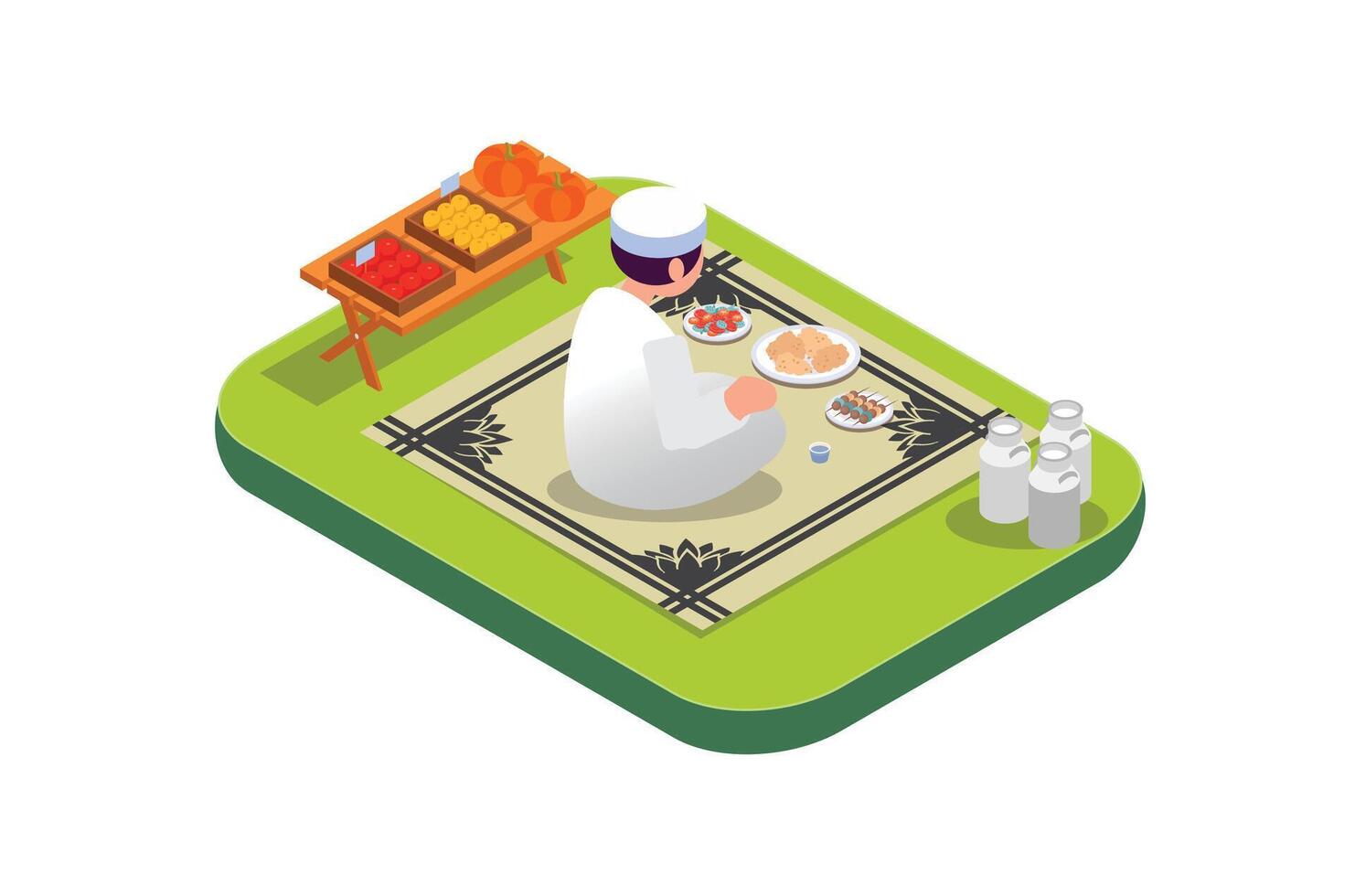 Isometric illustration ramadan kareem eating foody.  with food and drinks on the table. Suitable for Diagrams, Infographics, Book Illustration , Infographics, And Other Graphic asset vector
