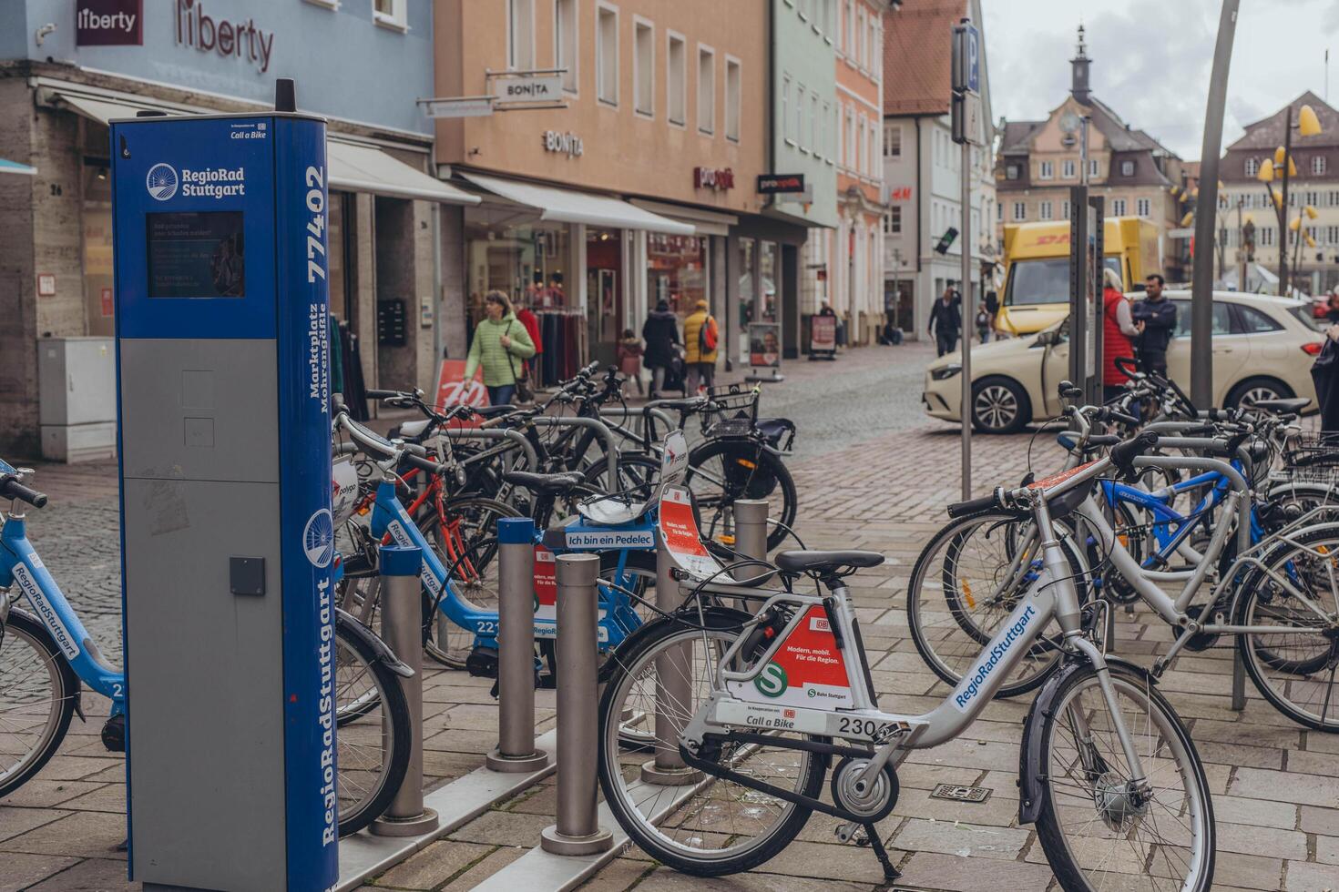 Schwabisch Gmund,Germany -February 23, 2024 . Bicycle rent on the main square of the city photo