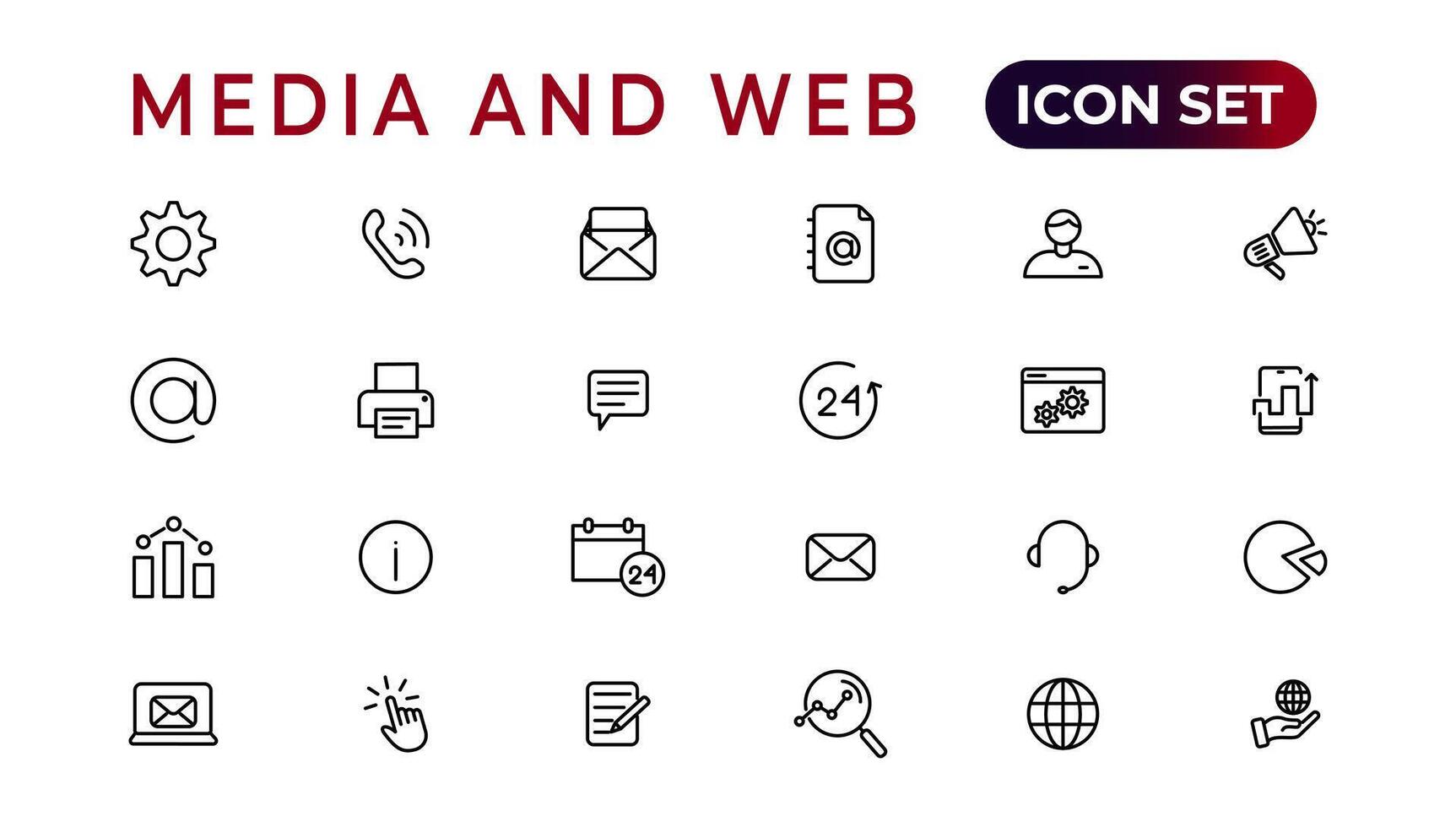 Media and Web icons in line style.Data analytics,Digitalmarketing, Management, Message, Phone. Vector illustration.